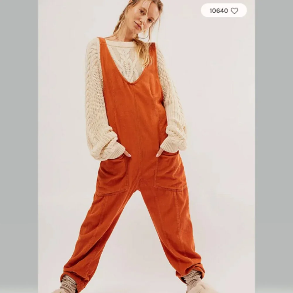 Free People We The Free High Roller Cord Jumpsuit in Cedar Size M NWT